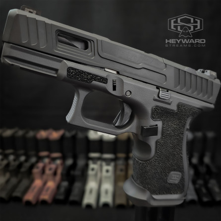 Glock 19 Gen5, Tactical-Precision Upgrades, Hand-Stippling, HS-B00 Slide, Sniper Grey Cerakote Finish